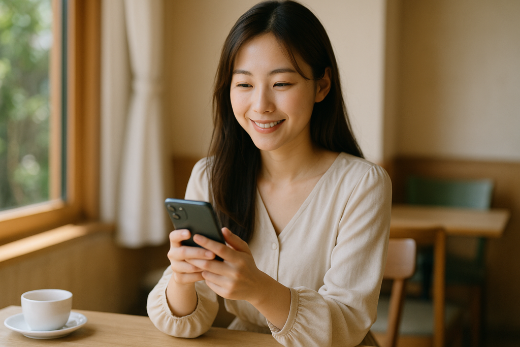 昼下がりのカフェでスマホを見ながら微笑む20代の日本人女性。ナチュラルカラーのブラウスとロングスカート姿で、再出発の予感を感じさせる穏やかな表情。
