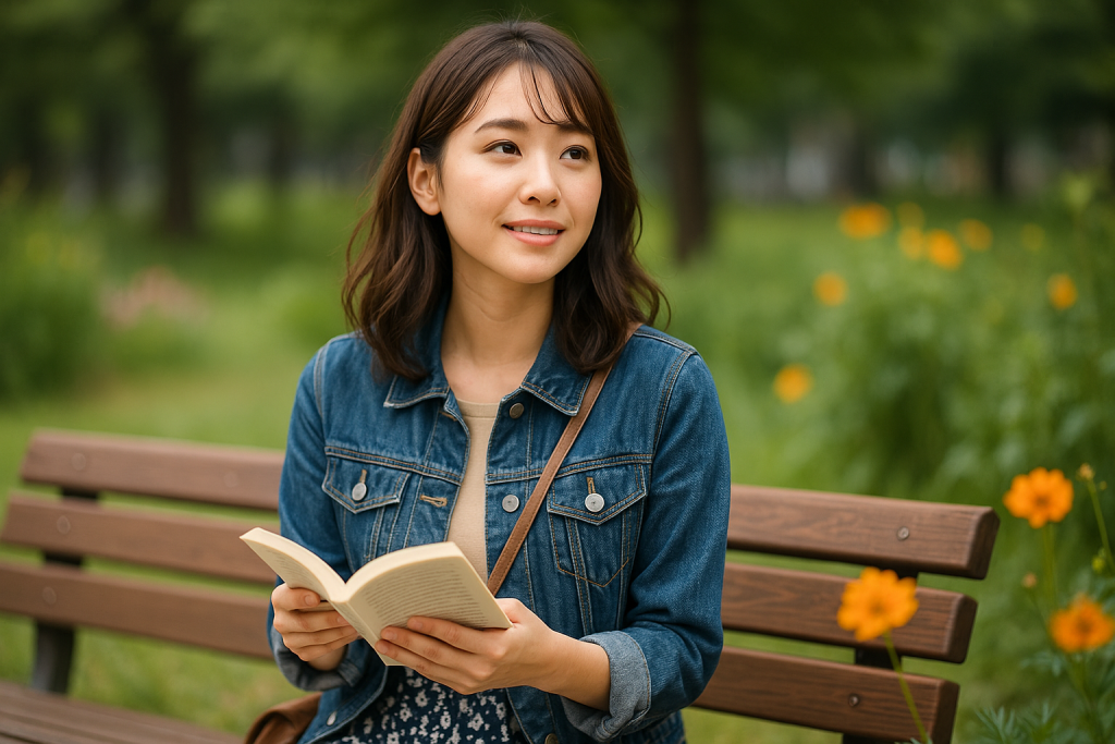 公園のベンチで本を読みながら微笑む20代女性。ジージャンとロングスカート、ショルダーバッグのカジュアルな装い。