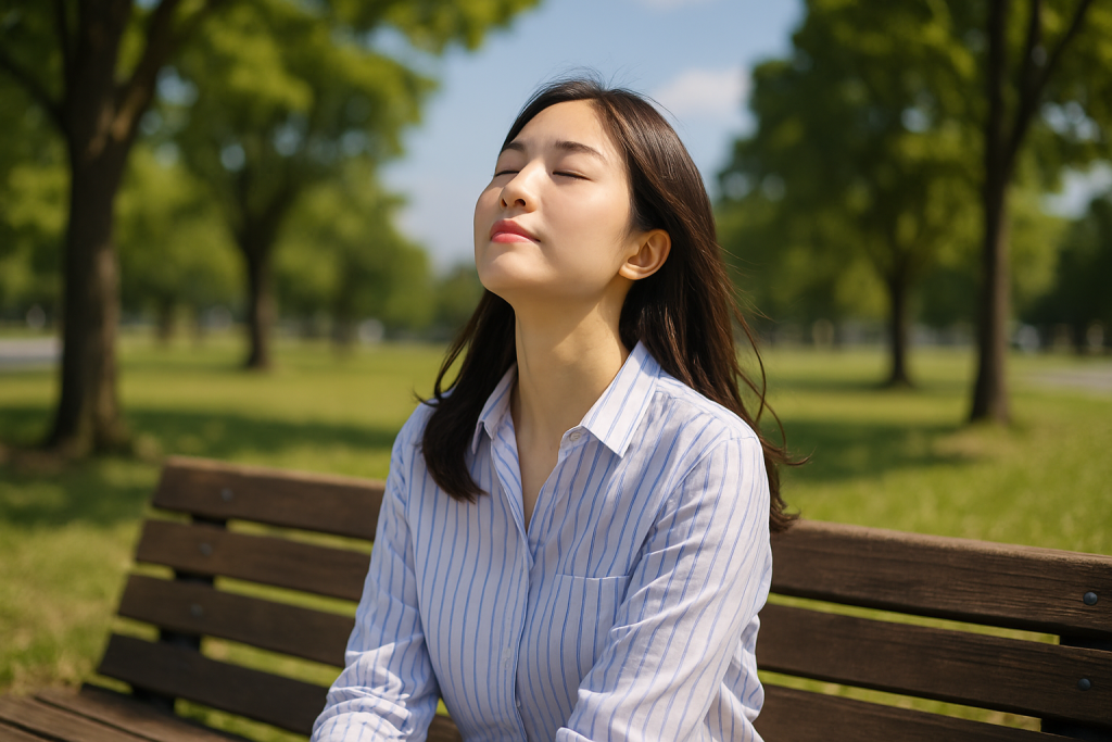 春の昼、公園のベンチに座って空を見上げる女性。白地に青いストライプのシャツとジーンズ姿で、目を閉じて深く息を吸い込む姿は、自分を取り戻そうとする穏やかな決意を感じさせる。