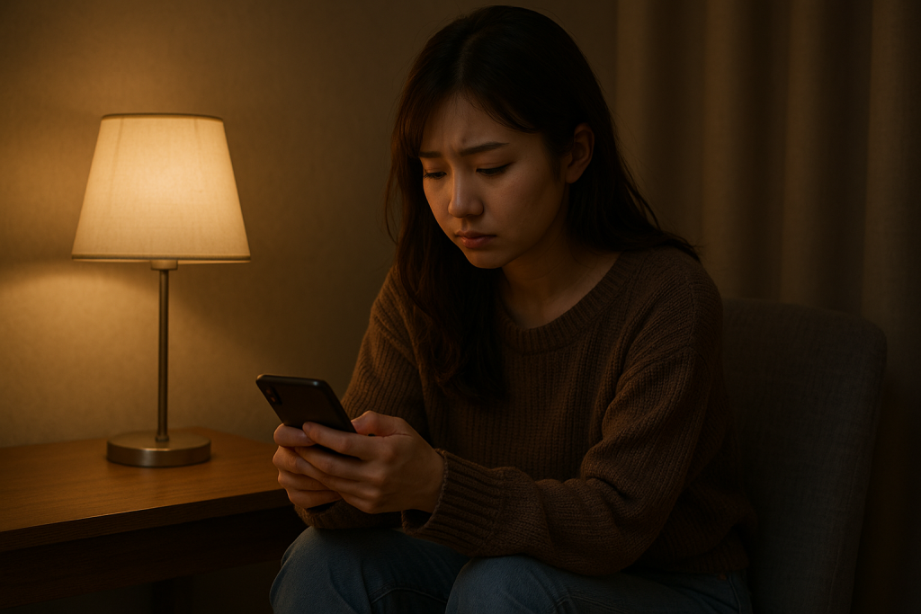 夜の部屋でスマホを見つめ、感情を押し殺すような表情を浮かべる若い女性。自宅の椅子に座り、静かに揺れる心を抱えている。