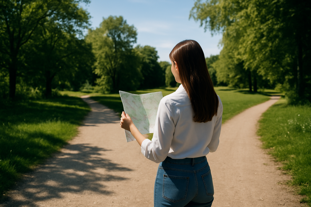 公園の分かれ道に立ち、地図を見つめながら進路を迷う若い女性の後ろ姿。白シャツとジーンズの爽やかな装いで、午後の光に包まれている。