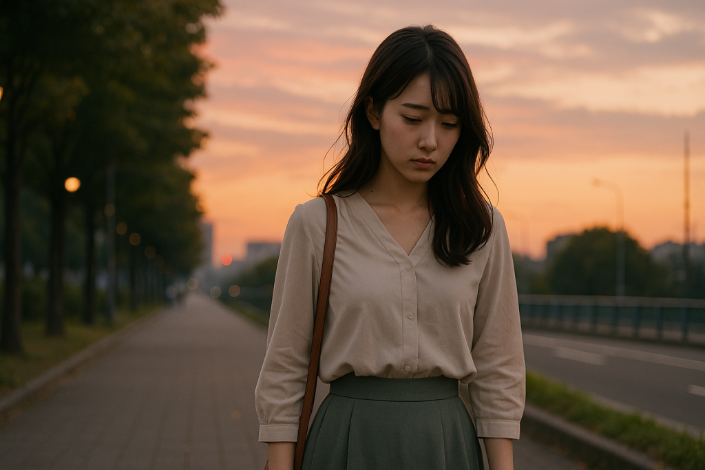 夕暮れの歩道を、うつむきながら一人で歩く女性。切なさを抱えた表情が、進展しない恋の疲れを物語っている。