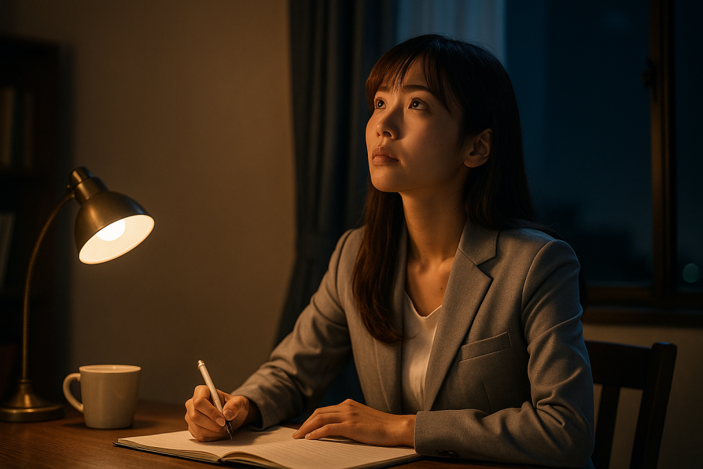 夜の部屋でデスクに向かい、ノートを開いたまま空を見上げている女性。誰かに話したい気持ちと、長く抱えてきた孤独がにじむ静かな瞬間。