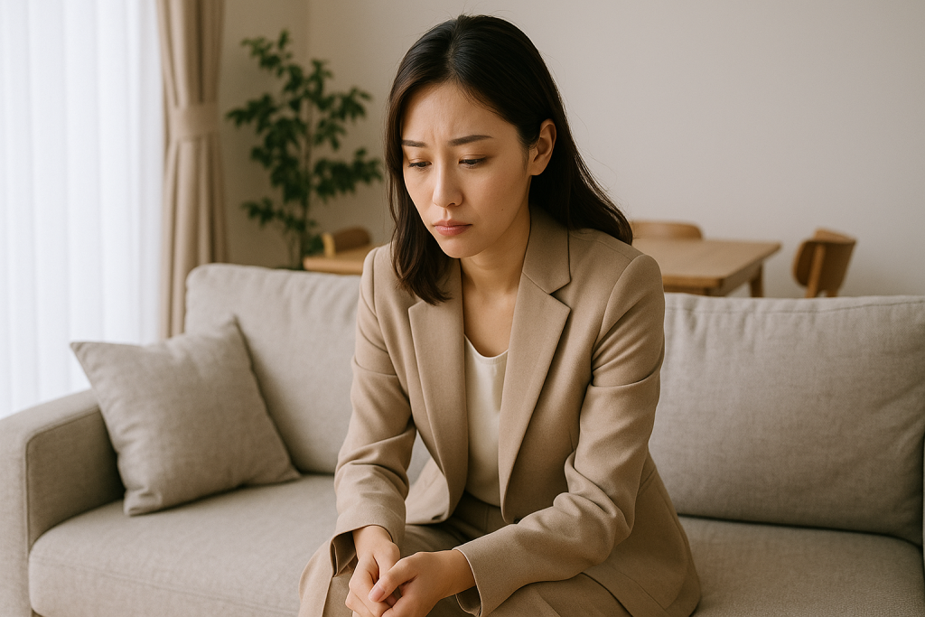 リビングでベージュのスーツ姿の女性が、うつむきながら静かに考え込んでいる。