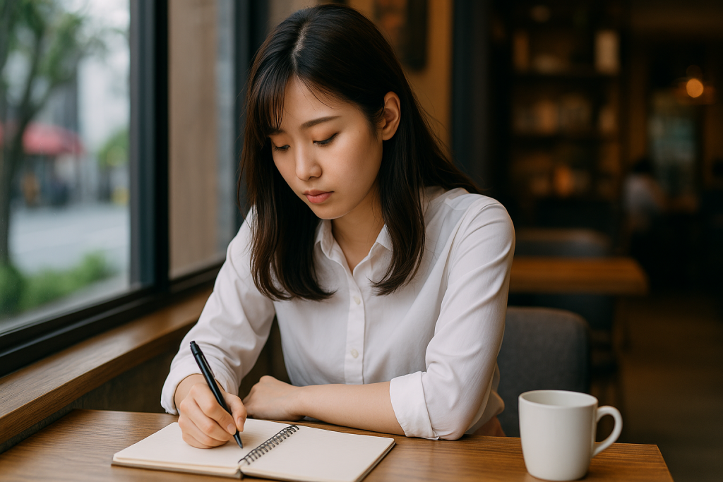 カフェの窓際でノートに何かを書き込む日本人女性。白いシャツと淡いピンクのスカート姿で、内面の葛藤と自己対話を感じさせる。
