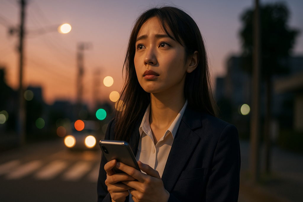 夕方の街角でスマホを持ったまま空を見上げるスーツ姿の女性。切なげな目元に静かな涙が光っている。