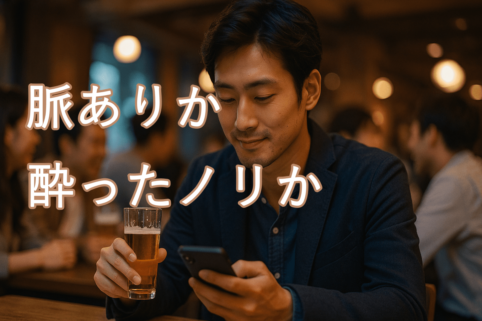 飲み会の席でスマホを見つめる20代の日本人男性。グラスを片手に笑みを浮かべながらも、どこか遠くを見つめるような切なさがにじむ。