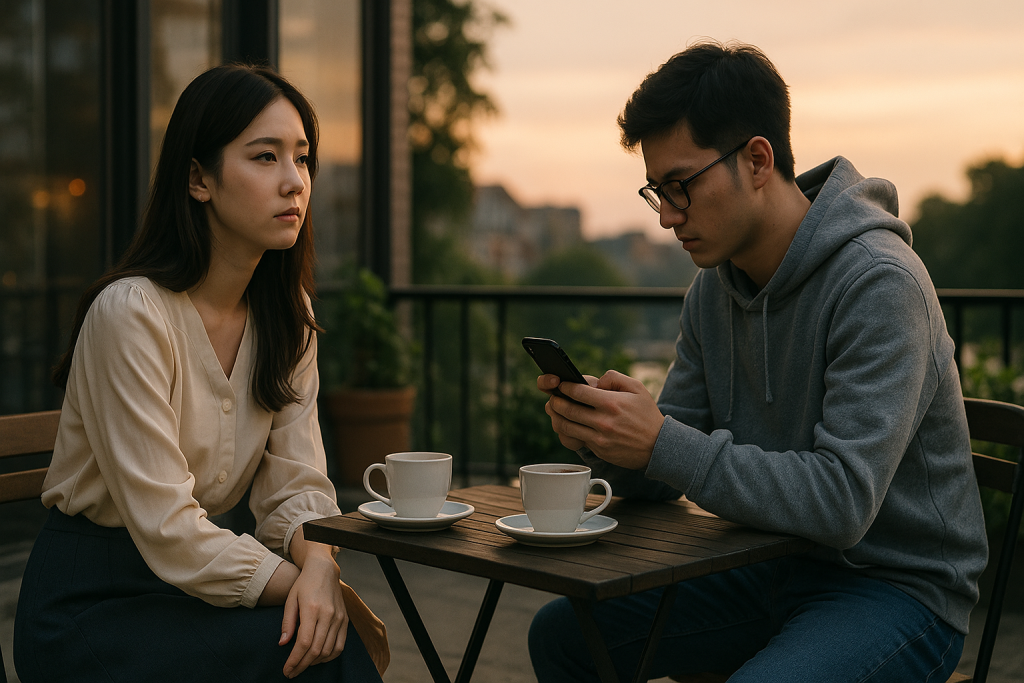 夕暮れのカフェで向かい合うカップル。男性はスマホに夢中で、女性は寂しげに遠くを見ている様子。