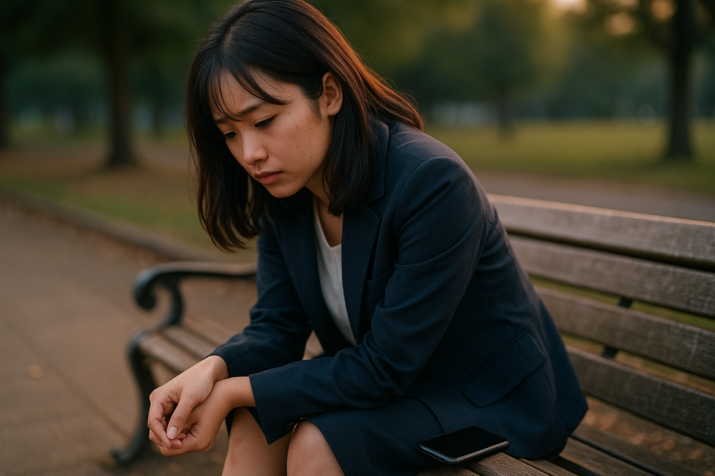 夕方の公園でうつむく女性。スマホを手元に置き、虚しさと落胆がにじむ表情。