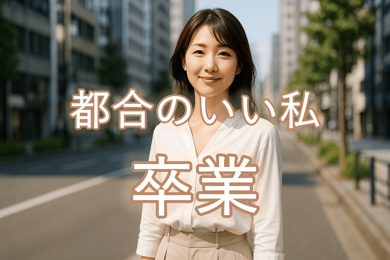 晴れた朝の繁華街で立ち止まり、やさしく微笑む日本人女性。白いブラウスとベージュのワイドパンツを着て、前向きな決意と静かな誇りを感じさせる姿。