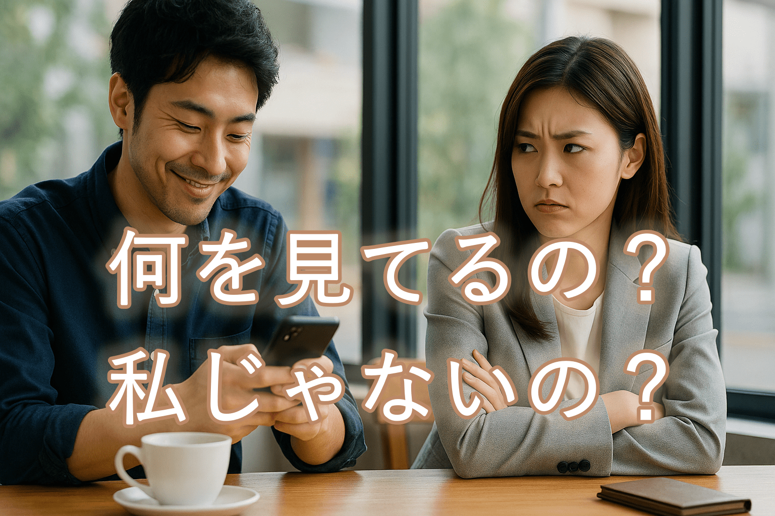 カフェのテーブル席で向かい合うカップル。男性はスマホを見てニヤけ、女性は腕を組んで不機嫌そうな表情。二人の間に微妙な空気が流れるリアルなシーン。