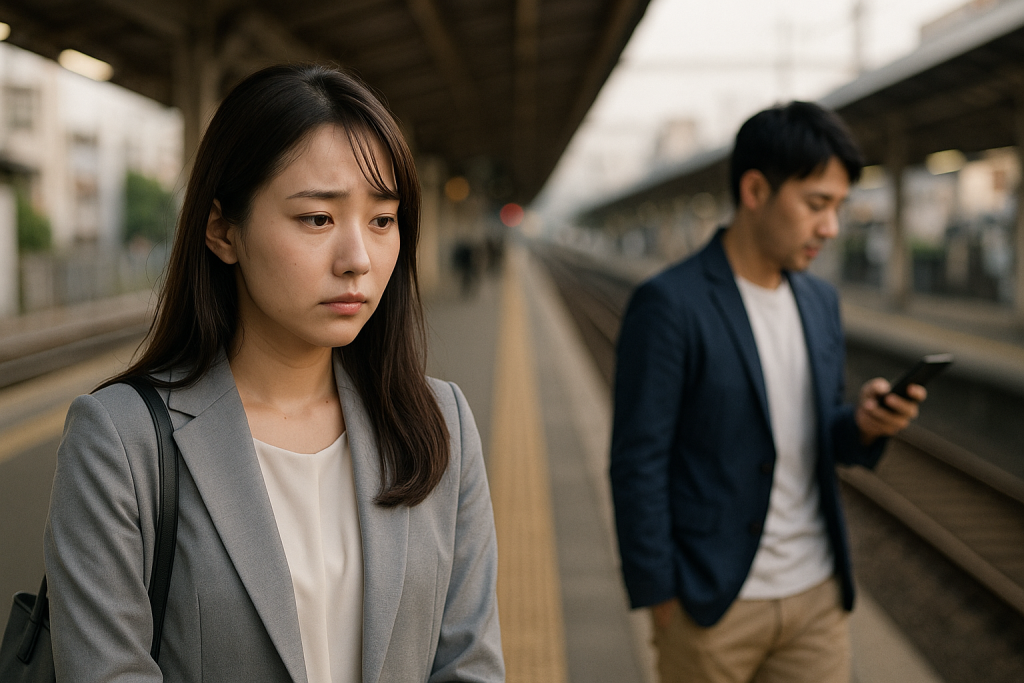 駅のホームで距離をあけて歩く男女。男性はスマホに夢中で、女性は静かにその背中を見つめている。視界に入っていないような寂しさが漂う。