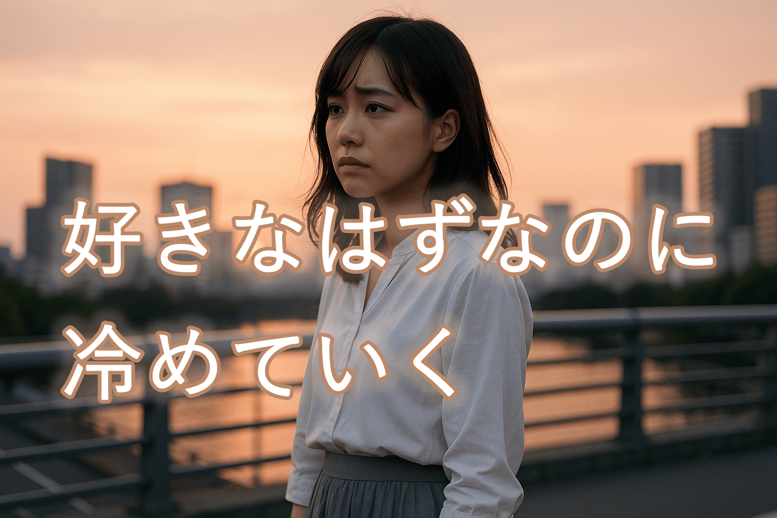 夕暮れの都会の橋の上で立ち止まる若い女性。白いブラウスとグレースカートをまとい、不安げな表情で前を見つめる姿が、進展しない恋に揺れる心を映し出している。