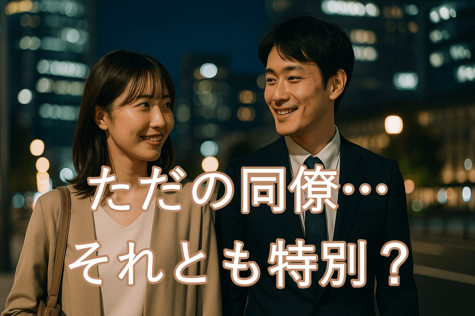 夜のオフィス街で、仕事帰りの20代男女が並んで歩く。街の灯りとビルの夜景を背景に、少し照れた表情で目を合わせる様子。