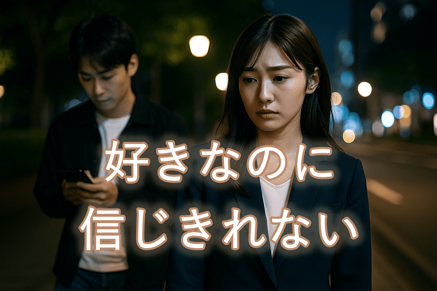 夜道を歩くカップル。女性は男性の背中を見つめ、不安と寂しさが表情ににじむ。