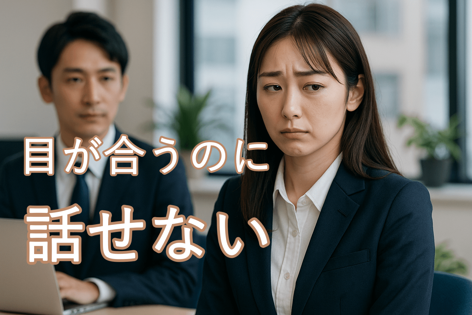 オフィスで無言で目が合い、気まずそうな日本人女性と、距離をとって見つめる男性のシーン