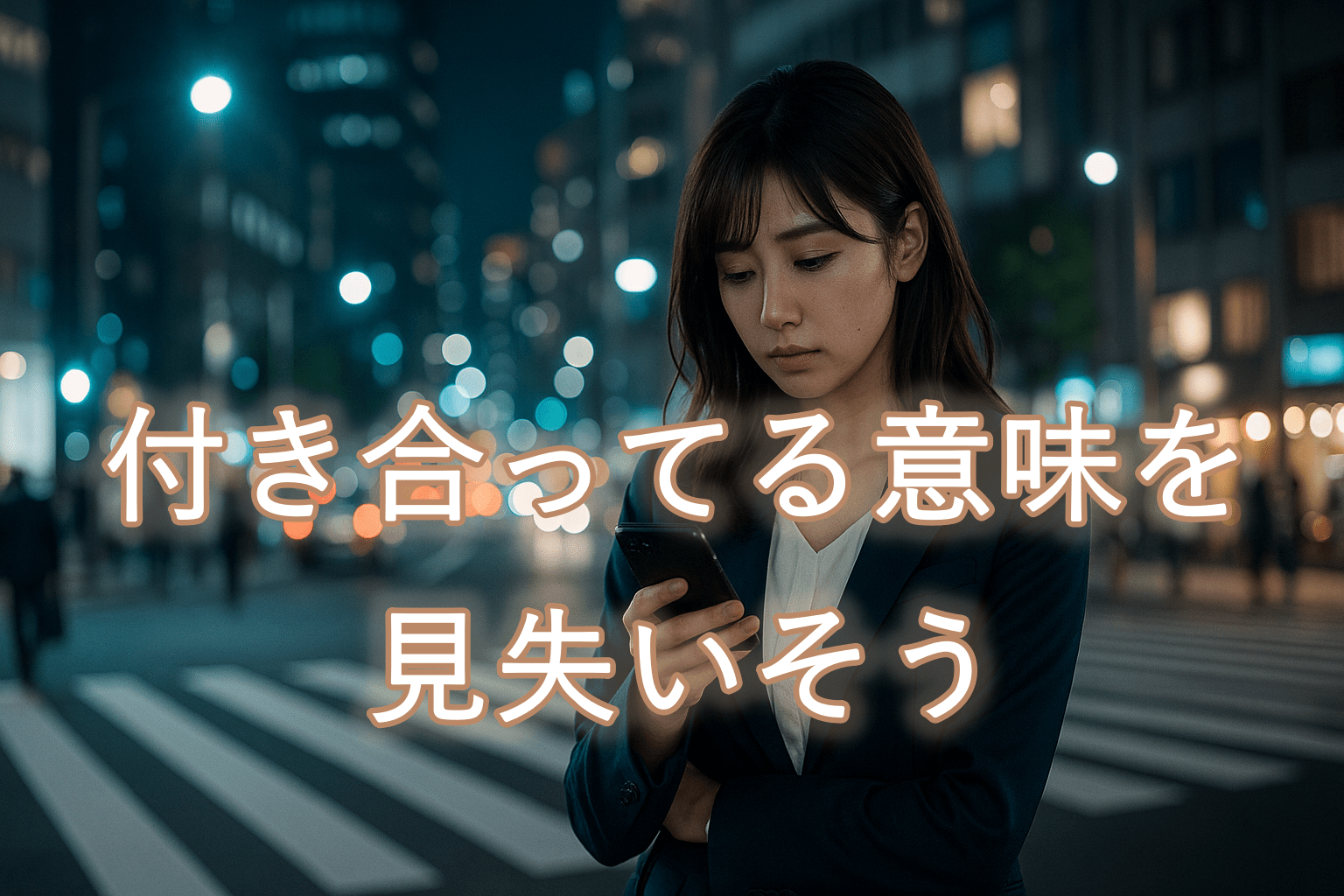 夜の駅前で立ち止まり、スマホを見つめる紺色スーツの女性。周囲のにぎわいの中で、ひとり切なさと迷いを抱えている様子がにじむ