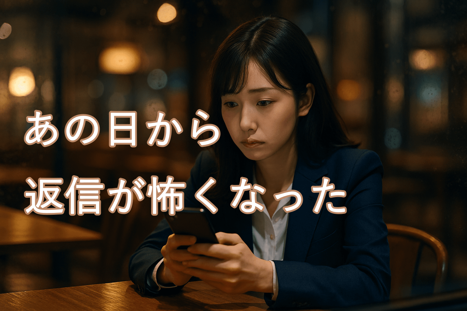 夜のカフェでスマホを見つめるスーツ姿の女性。寂しさと希望が入り混じる静かな時間。