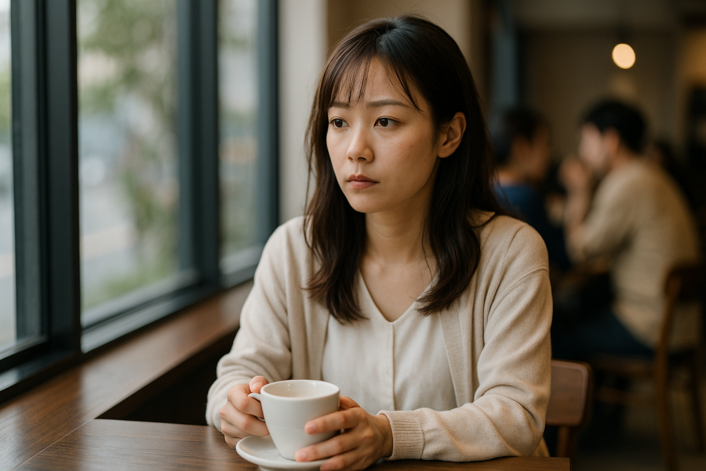 カフェの窓際でコーヒーカップを持ち、外を見つめる20代日本人女性。周囲に人がいる中でひとり孤独な表情を浮かべている。納得できない、静かな疑問の表情。
