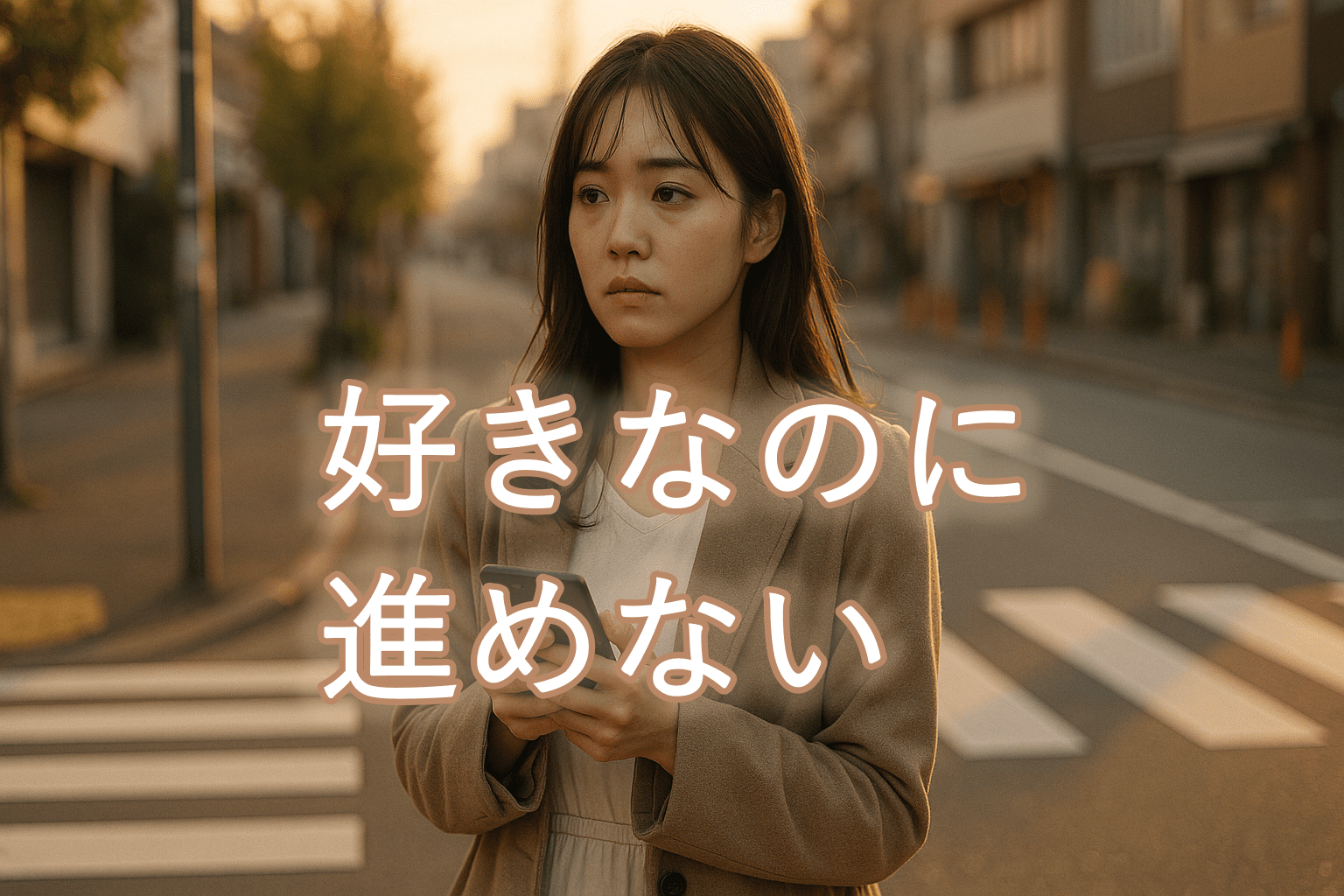 夕方の帰り道、信号のない横断歩道の前で立ち止まり、スマホを手にして向こう側を見つめる若い女性。やわらかな西日が街と彼女を静かに照らし、迷いと決意が交差する瞬間を切り取った情景。