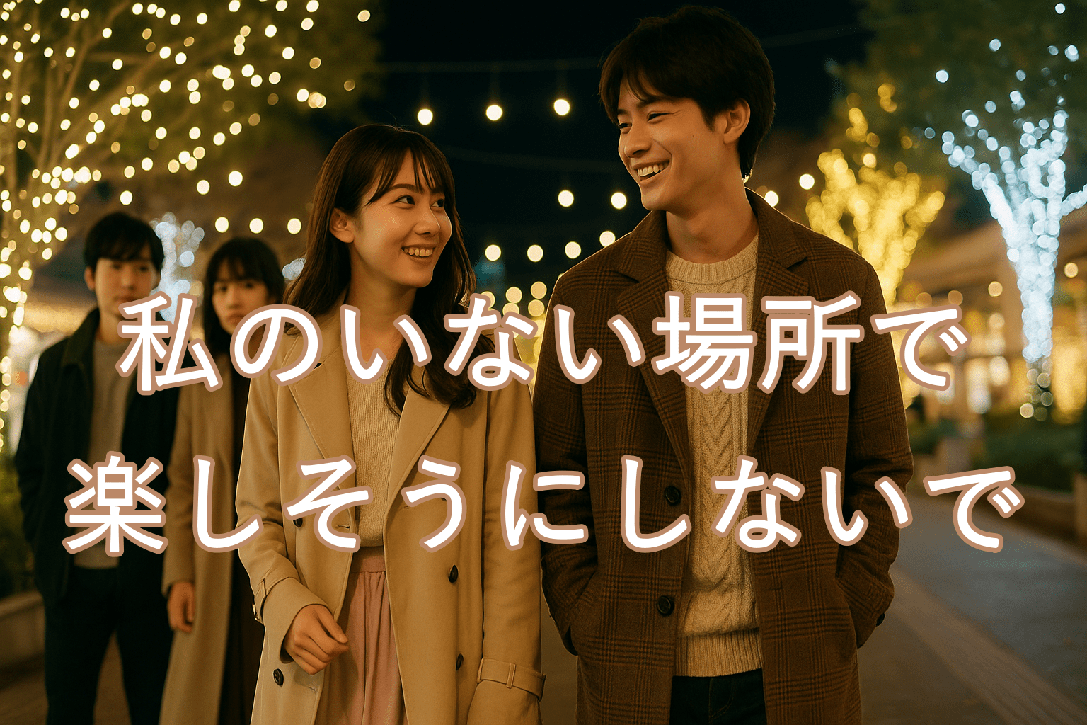 夜のイルミネーションスポットで歩く男女2:2のグループ。 彼氏は隣の女友達と楽しそうに話しており、 もう1組はやや距離を置いてついてくる。 “そこにいない彼女目線”で、切なさと疎外感を感じさせる構図。