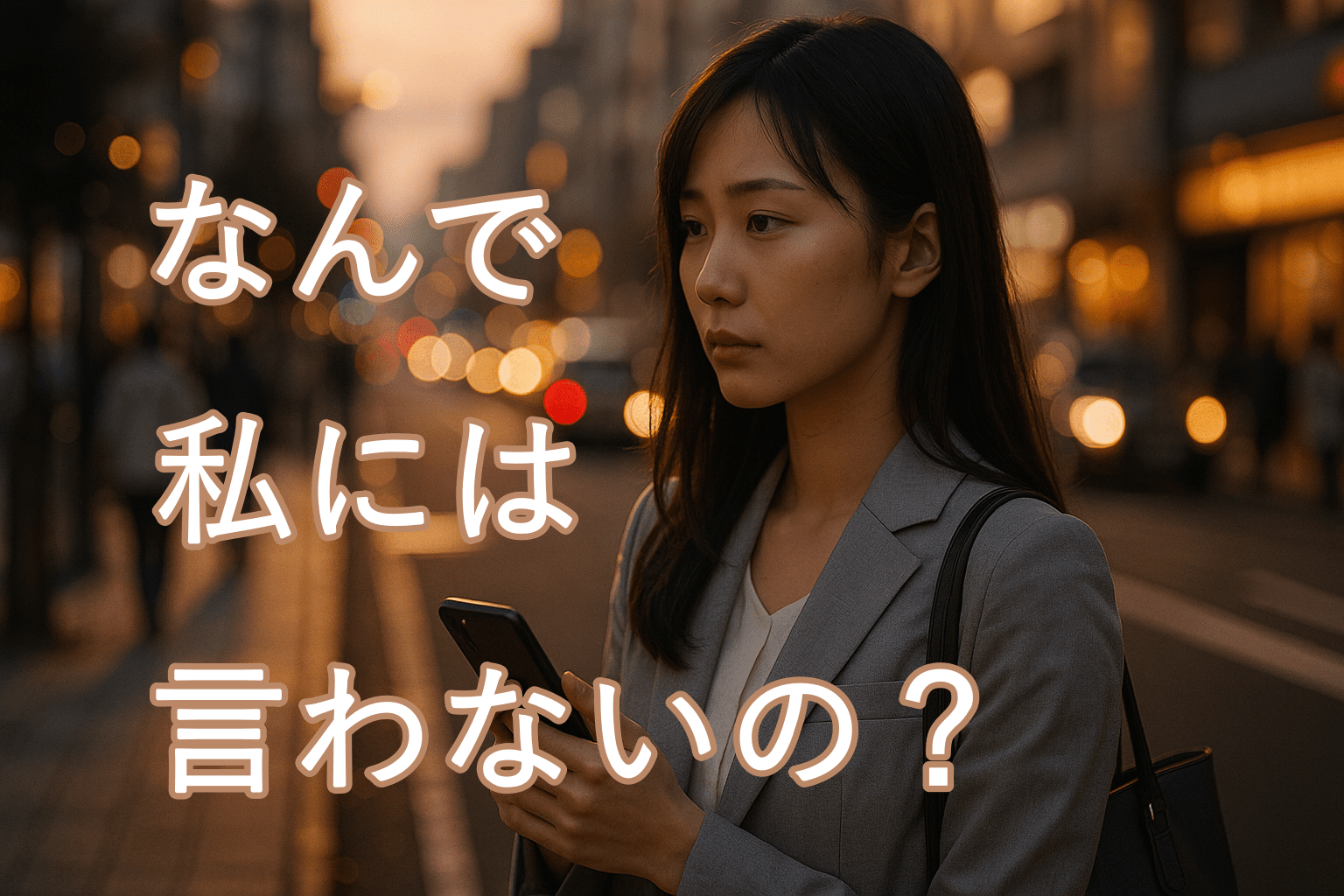 　夕暮れの街角でスマホを手に、遠くを見つめるスーツ姿の女性。彼の言葉を反芻しながら、心が揺れている静かな時間。