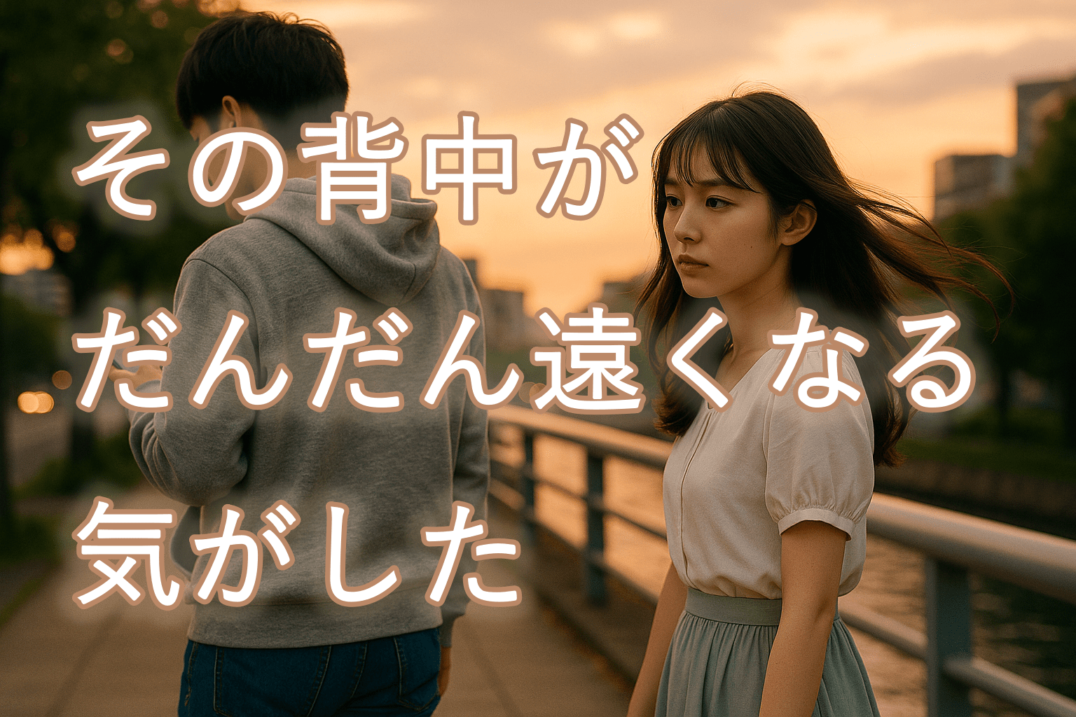 夕暮れの帰り道、スマホを見ながら前を歩く男性と、その背中を少し距離を置いて見つめる女性。沈黙の中に切なさと疑いが漂うカップルの後ろ姿。