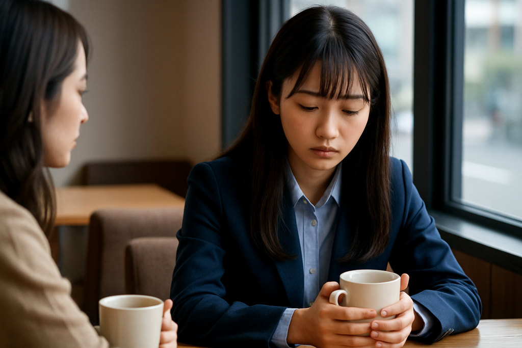 カフェでうつむきながらカップを持つスーツ姿の女性。隣には友人が座っているが、彼女の表情には迷いが浮かんでいる。