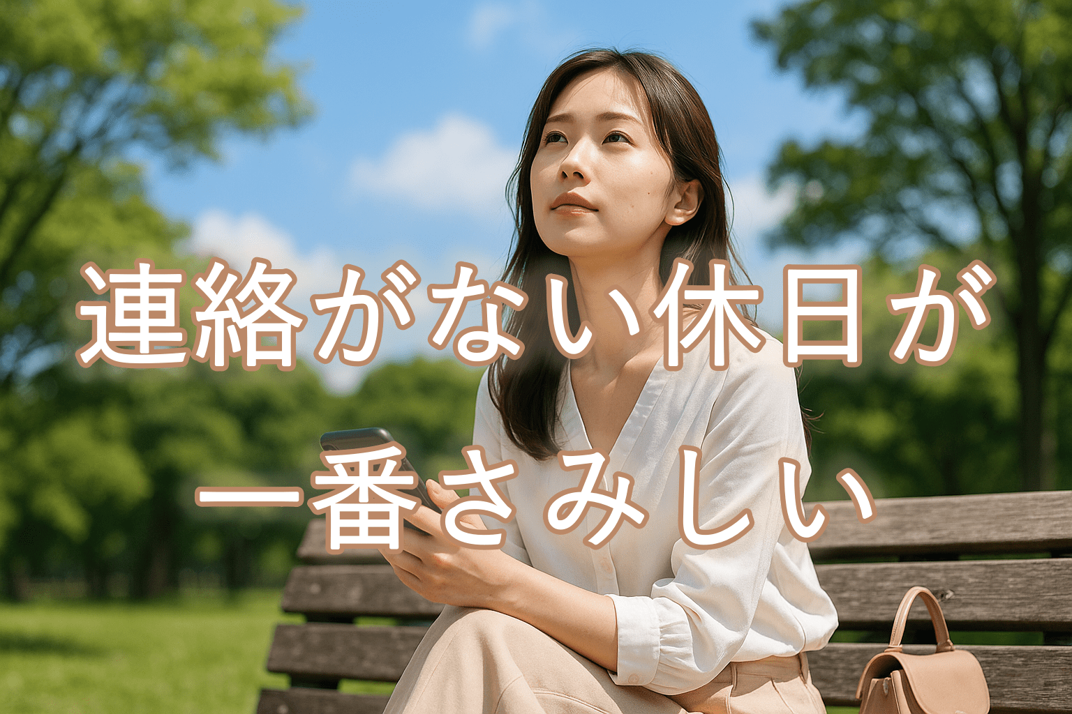 公園のベンチでスマホを持ち、青空を見上げる20代女性。白ブラウスとベージュパンツ姿。