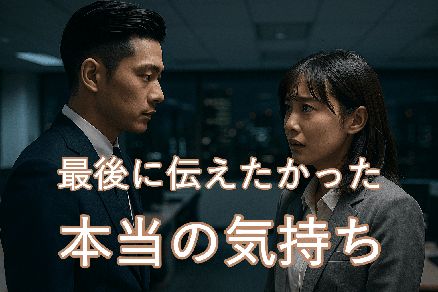 夜のオフィスで異動を告げられ、驚きと悲しみの表情を浮かべる女性と、落ち着いた男性。