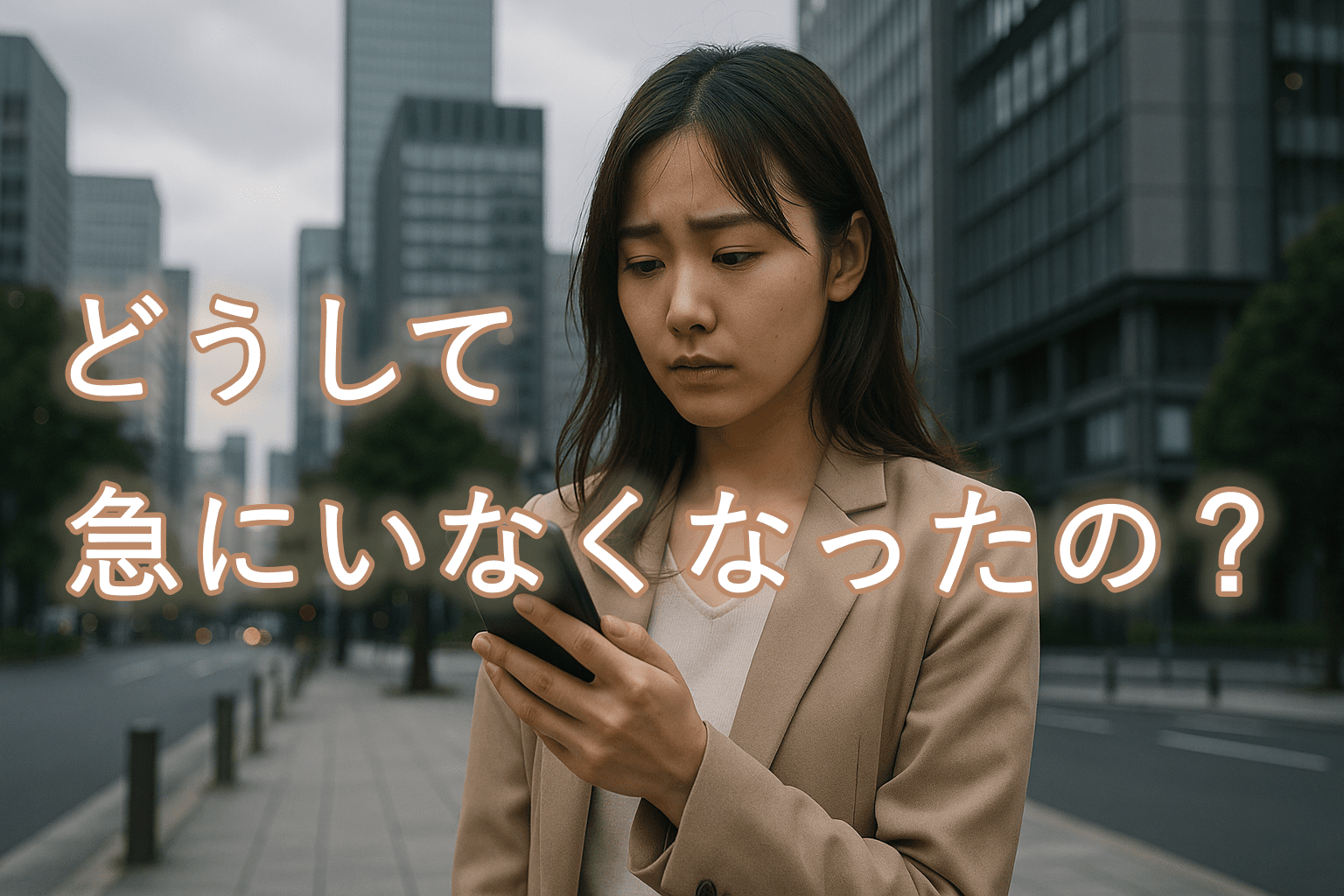 曇り空のオフィス街で、ベージュのスーツを着た20代日本人女性が片手でスマホを見つめて立ち止まっている様子。 少し不安げで、迷いと期待が入り混じる表情。都会の静けさと切なさが漂うシーン。