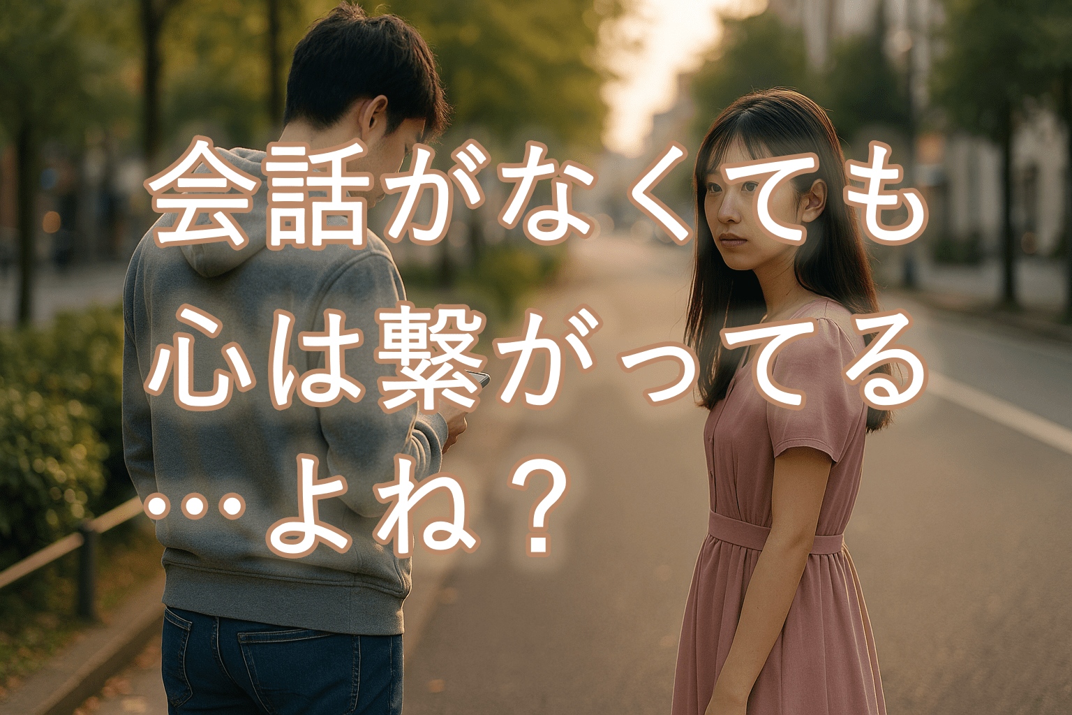 夕方の帰り道を歩くカップル。男性はスマホを見ながら前を向いて歩き、女性はピンクのフレンチワンピース姿で数歩後ろからその背中を見つめている。言葉のない距離感と、夕暮れの柔らかな光が切なさを引き立てている。
