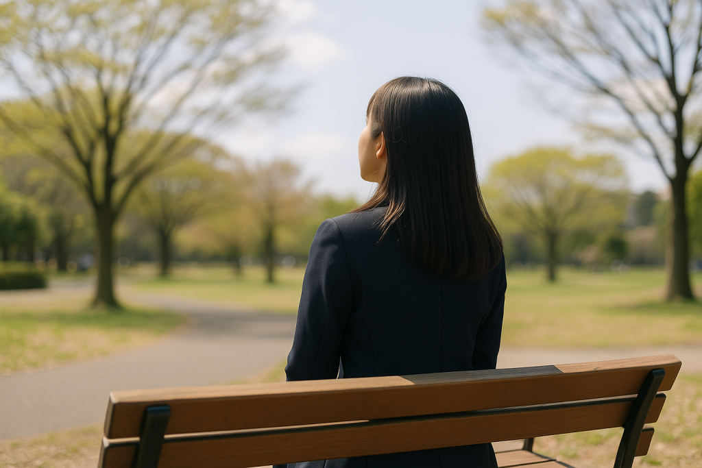 春の昼下がり、公園のベンチで空を見上げる濃紺スーツ姿の20代日本人女性。やさしく背中を押されるような穏やかな決意がにじむ後ろ姿。