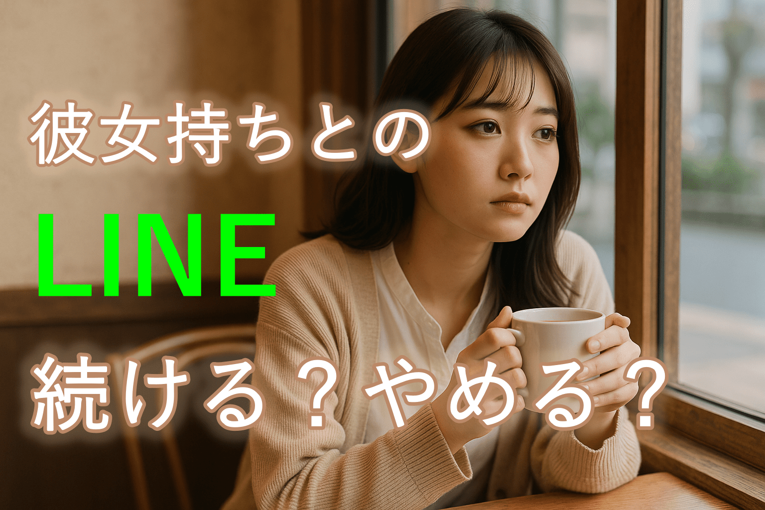 カフェの窓際でコーヒーカップを手に、遠くを見つめて思案する白シャツとベージュカーディガン姿の20代日本人女性