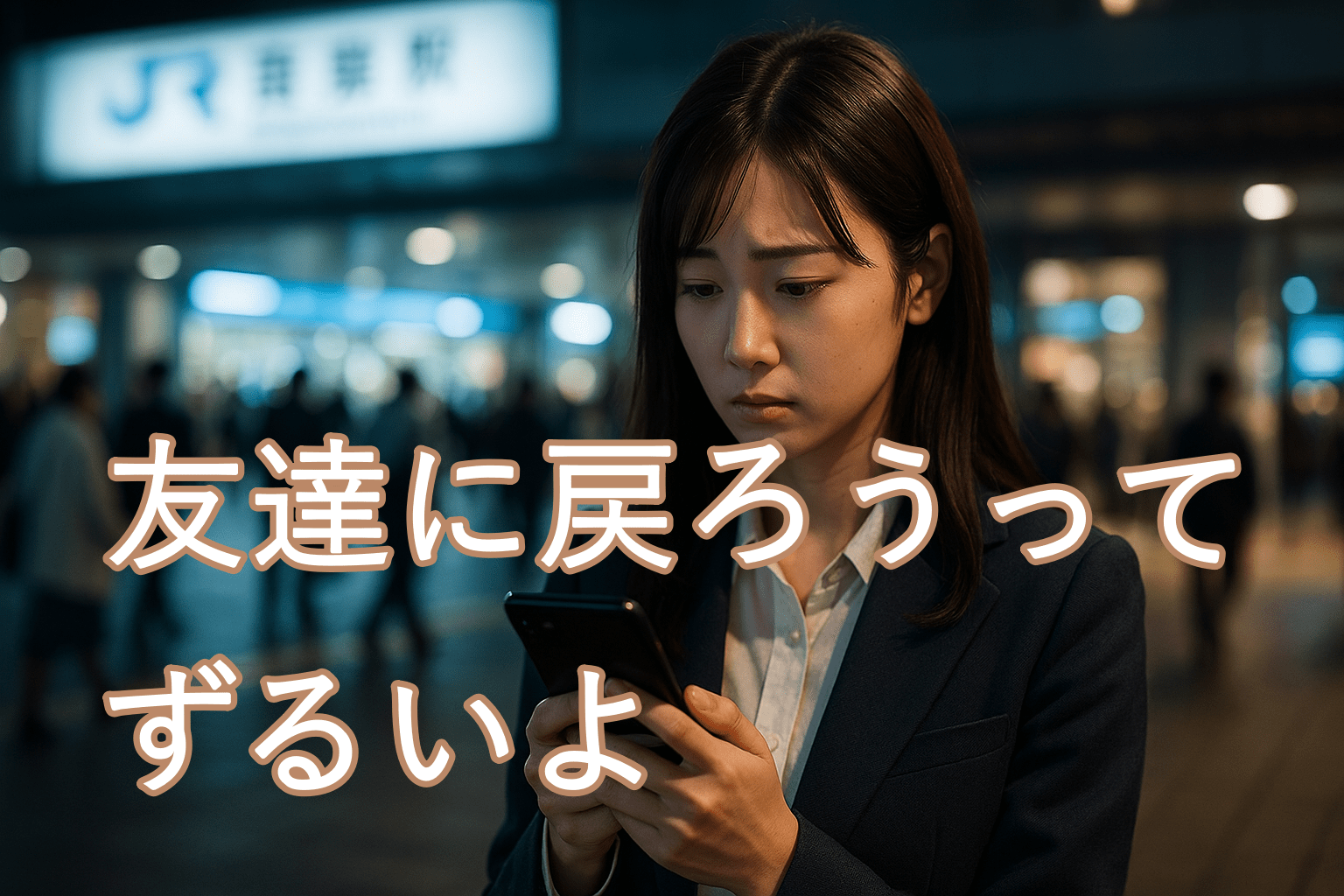 駅前でスマホを見つめる紺スーツ姿の女性。仕事帰りの表情に、別れを受け入れられない葛藤が浮かんでいる。