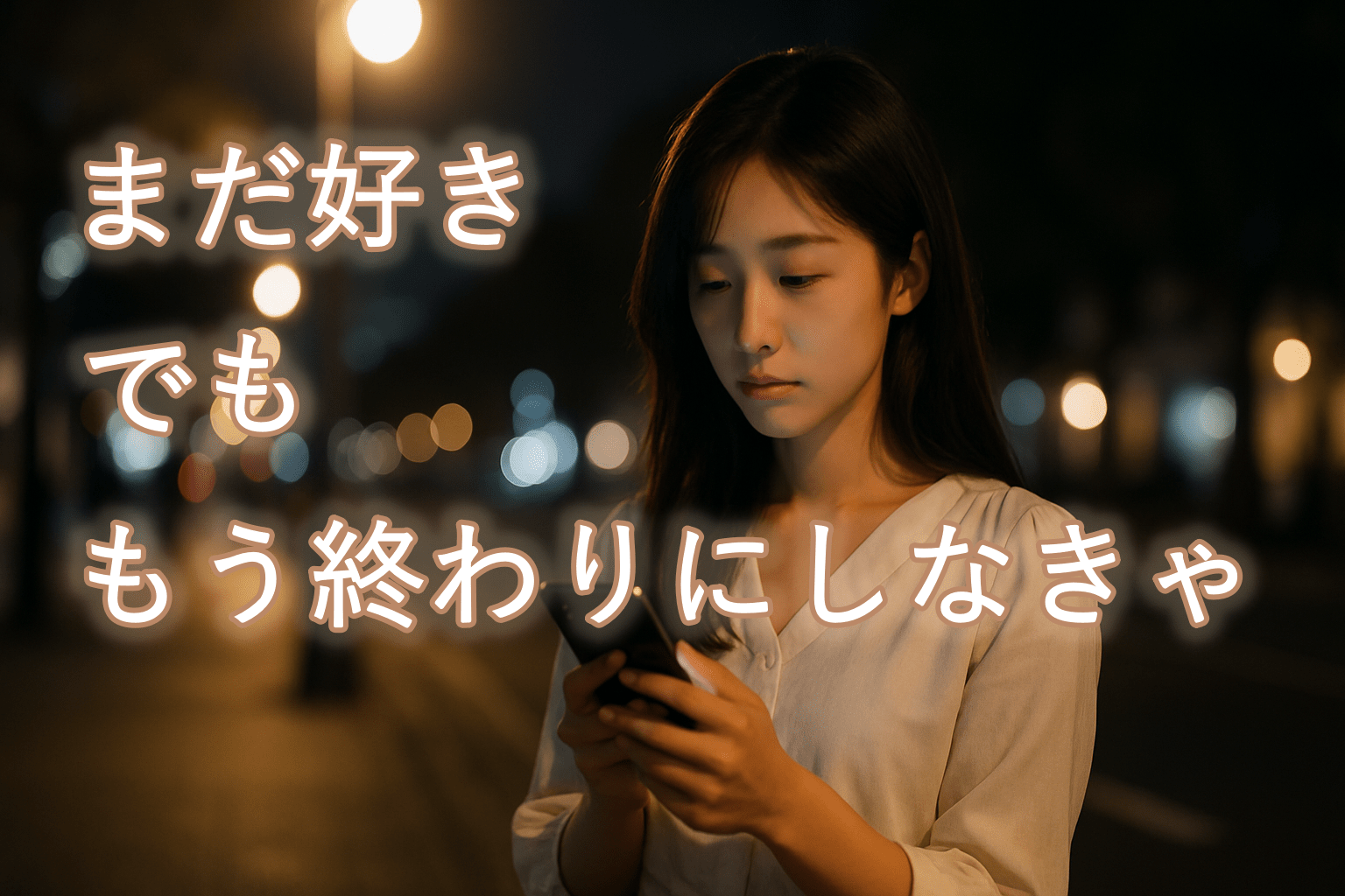 夜の帰り道、街灯の下でスマホを見つめる女性。迷いと決意が入り混じる表情
