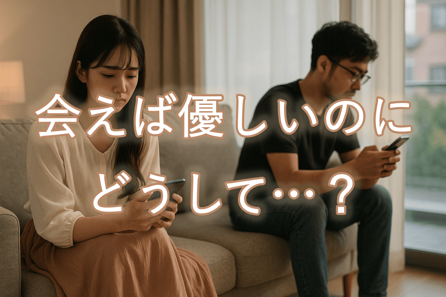 夕方の部屋で距離を感じるカップル。女性はスマホを見つめ、男性は別方向でスマホ操作。言葉はなく、すれ違う心が伝わる静かな場面。