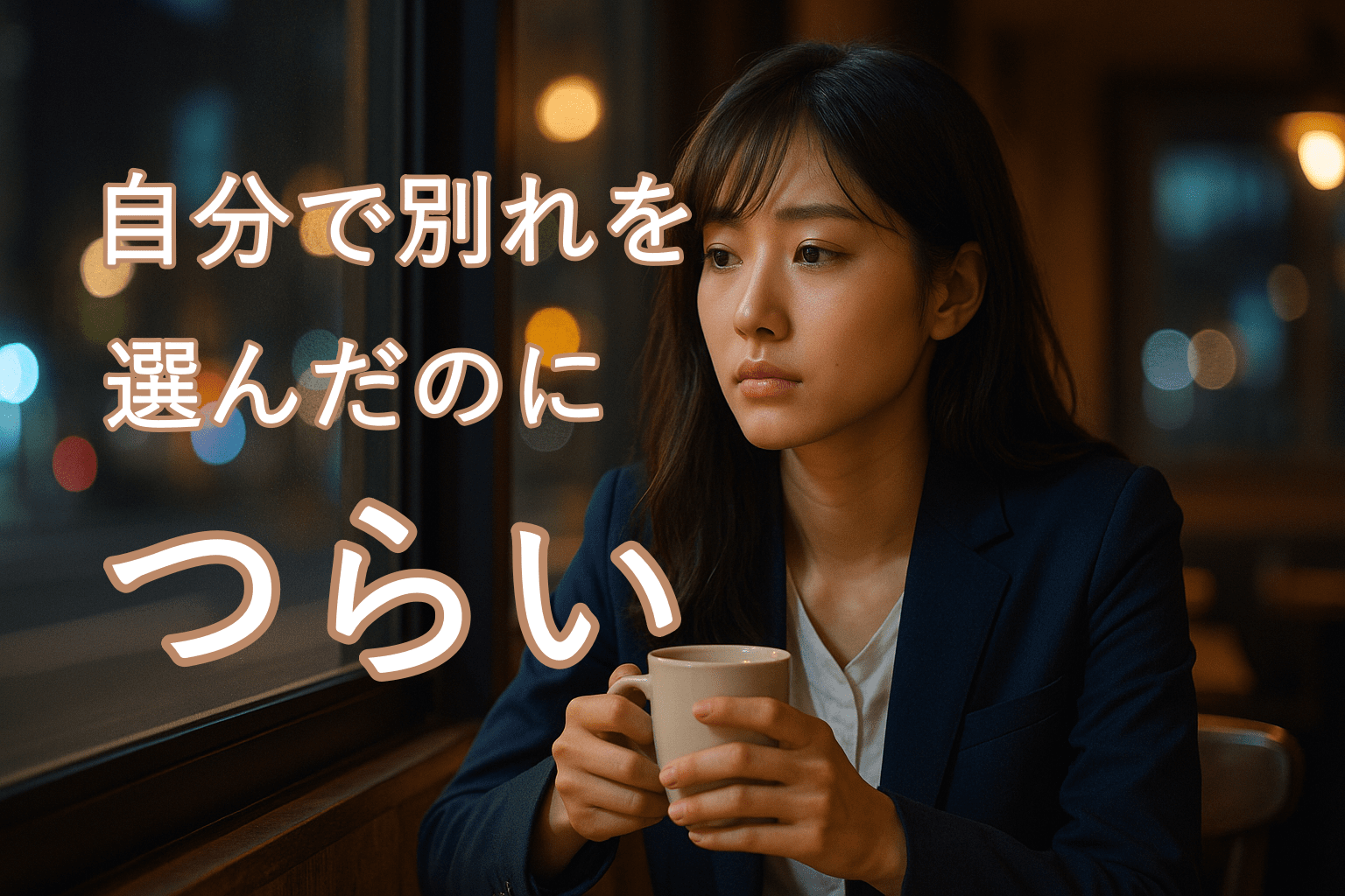 夜のカフェで窓の外を見つめながら、ホットドリンクを手に静かに佇む20代女性。紺色のスーツ姿で、感情のピークに揺れる心を抱えているような切ない表情が印象的な横長写真。