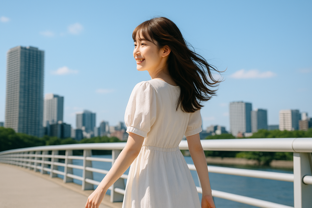 デート1ヶ月後に不安を抱えていた女性が、晴れた空の下で少し笑顔を見せながら前を向いて歩き出すシーン。未来への希望を感じさせる後ろ姿。