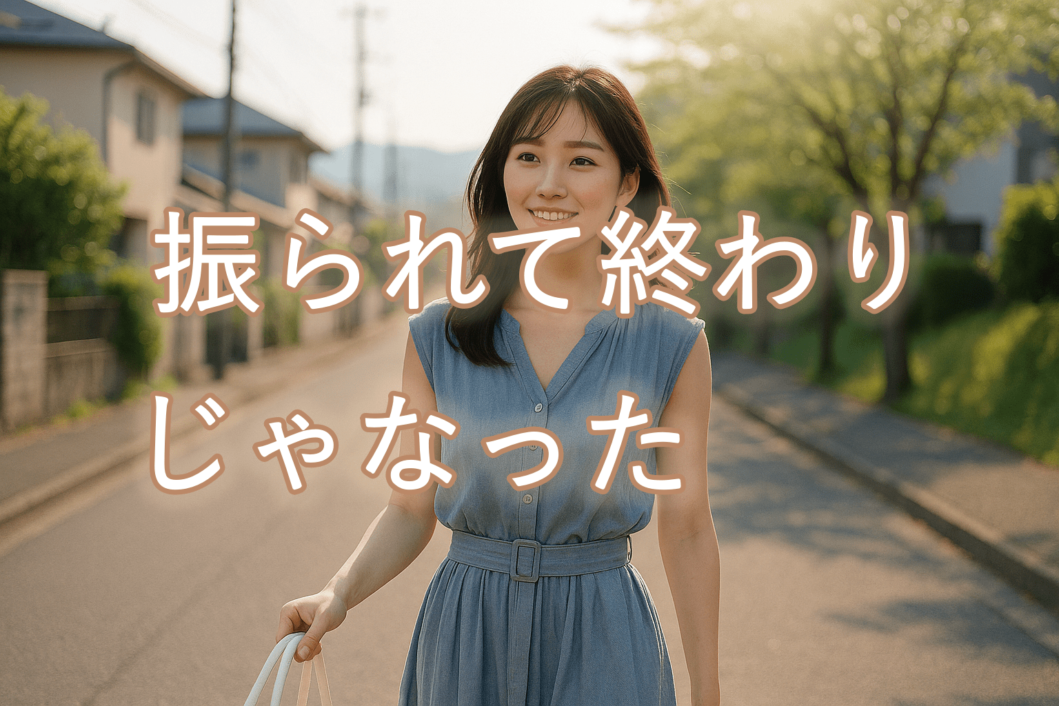 春の朝、静かな住宅街の坂道を歩く20代の日本人女性。くすみブルーのノースリーブのセットアップと白いバッグを身につけ、自然光の中で穏やかに微笑みながら前を見つめている。新しい始まりを感じさせる情景。