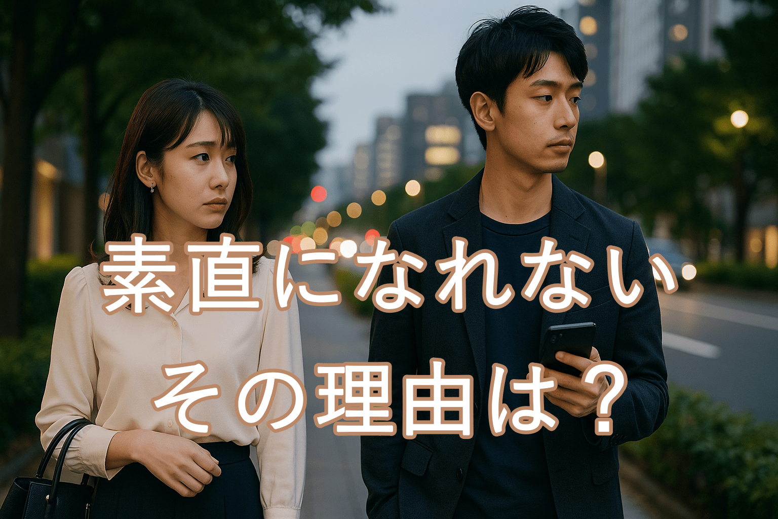 夕方の都会の歩道、すれ違いを感じる20代日本人カップル。フォーマルな私服の女性が男性の横顔を見つめる。