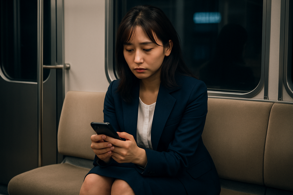 深夜の電車内でスマホを見つめるスーツ姿の女性。表情には寂しさと混乱がにじんでいる。