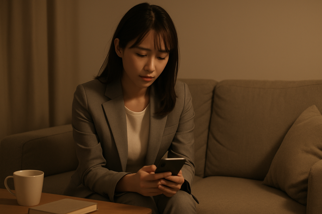 自室でスマホを見つめながら静かにうつむく女性。比較されることへのつらさと、共感を求めるような内面の揺れを表している。