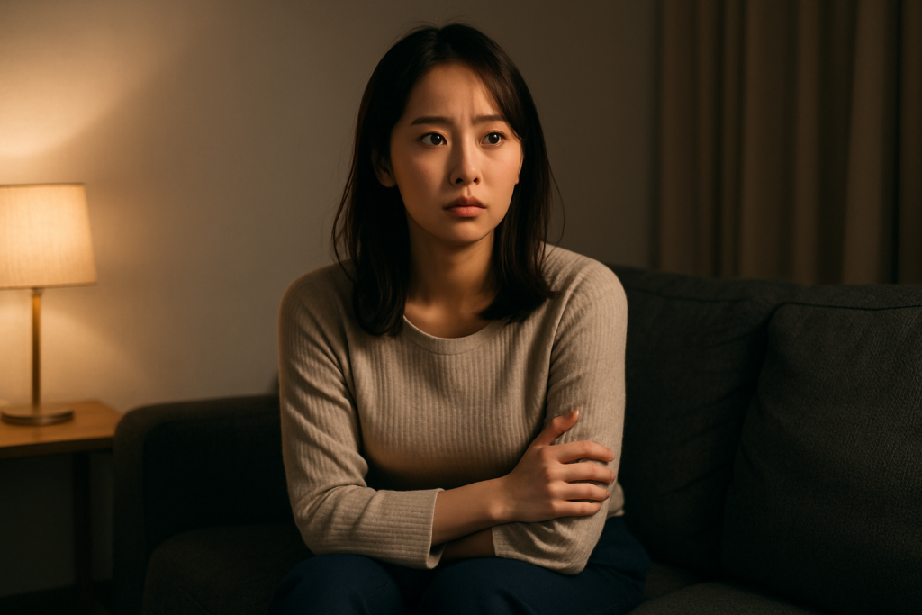 夜の室内でソファに座り、不安そうに何かを考えている20代の日本人女性。落ち着いた色のニットとパンツを着ている。