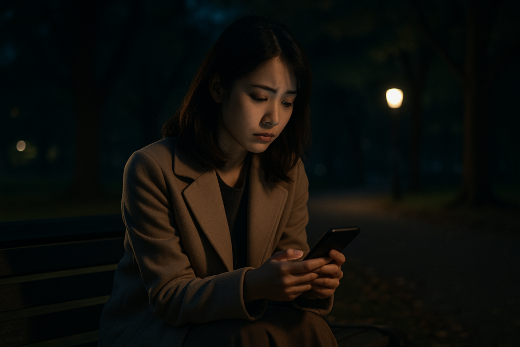 夜の公園でベンチに座り、スマホを見つめる女性。誰もいない空間に寂しさがにじみ、脈なしの不安を感じている表情。