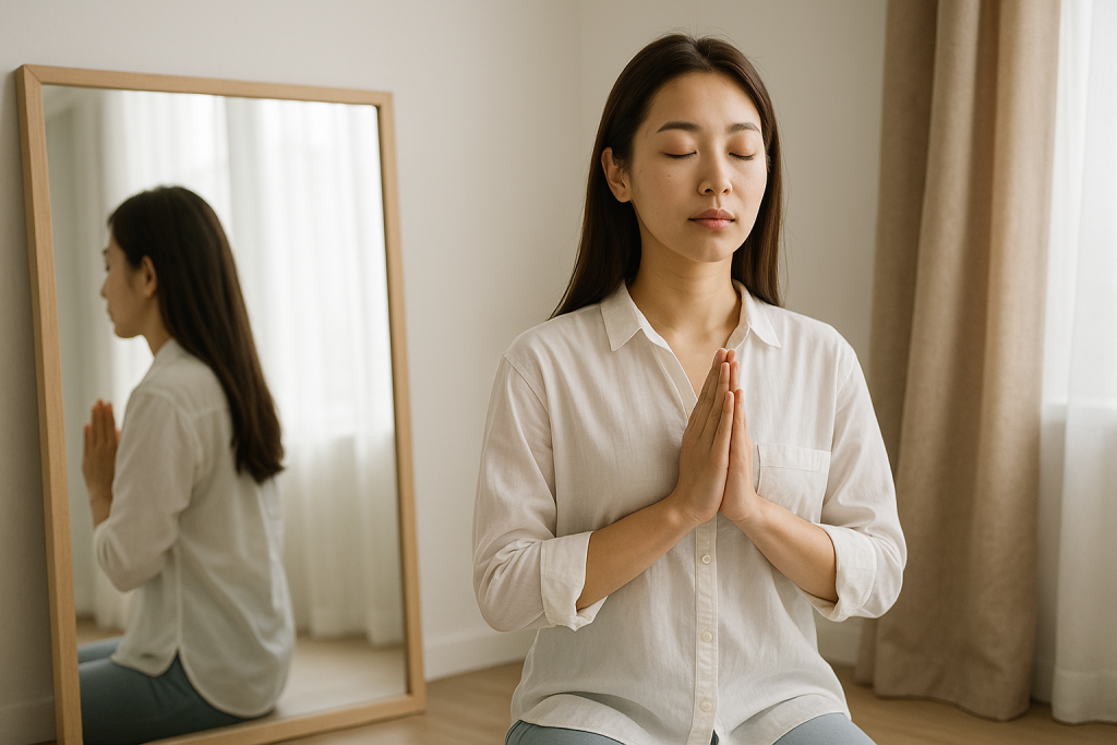 静かな朝、鏡の前で深呼吸する女性。自分と向き合い、前を向こうとする決意が感じられる姿。