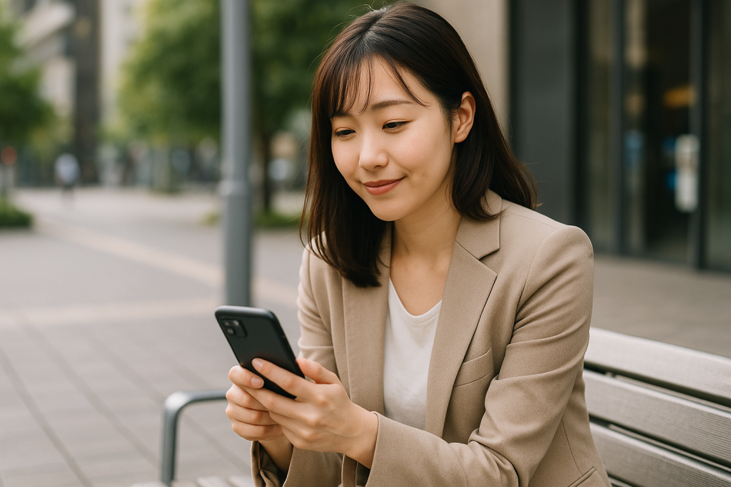 駅前のベンチでスマホを手に、少し笑顔を見せている20代日本人女性。希望と戸惑いが混ざる表情。