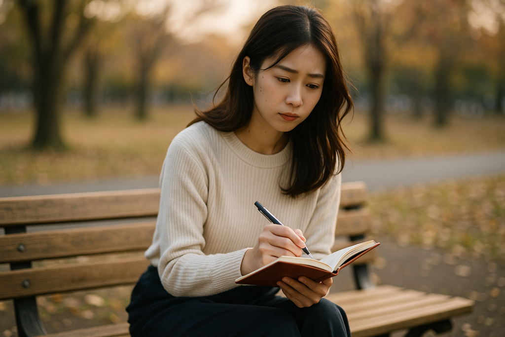 公園のベンチで手帳を開き、迷いながら予定を考える女性。静かに背中を押してほしい気持ち。
