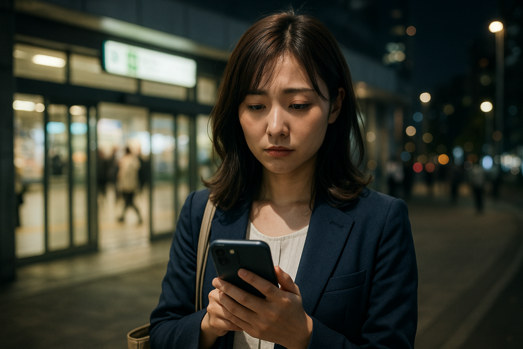 夜の帰り道、改札前でスマホを見つめるスーツ姿の女性。表情には孤独と不安がにじむ