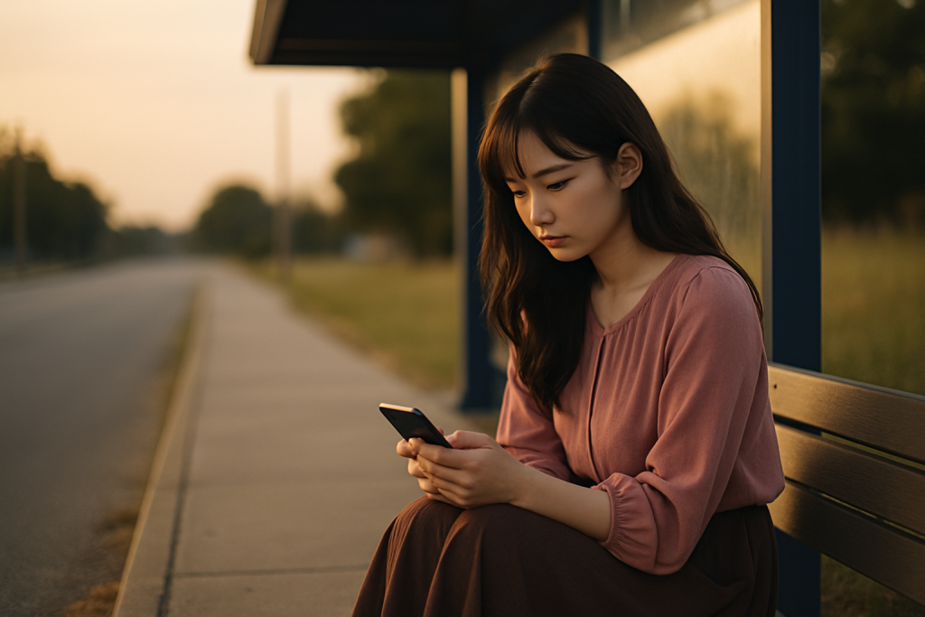 夕方のバス停で一人スマホを見つめる女性。ピンクのブラウスとロングスカート姿。切なさと寂しさを感じる表情。